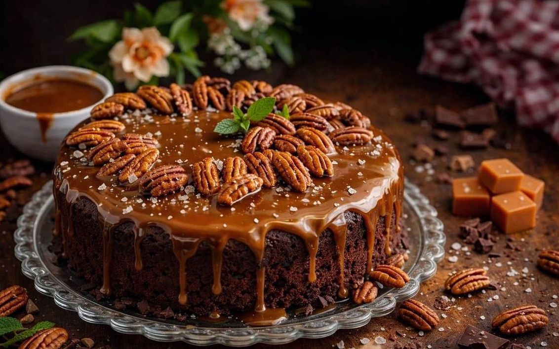 Karamel soslu bir cheesecake dilimi tabakta duruyor
